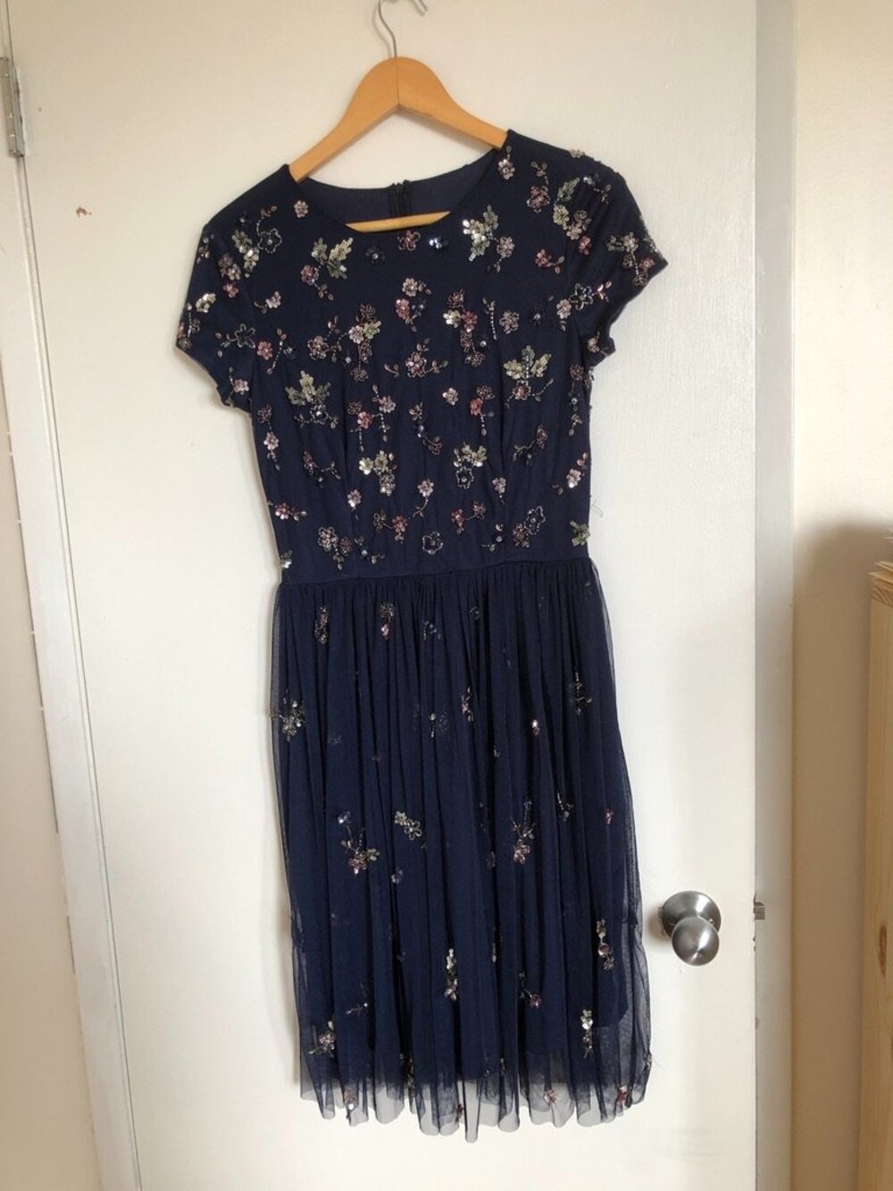 Navy Beaded Tulle Midi Dress